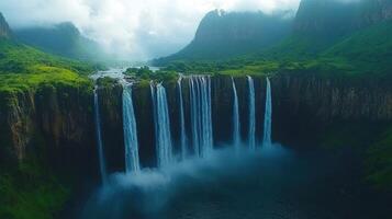 Beautiful waterfall cascading down cliffs, surrounded by vibrant green mountains and misty air. photo