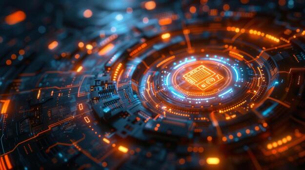 A modern circuit board glows with vibrant orange and blue lights, symbolizing technology and data. photo