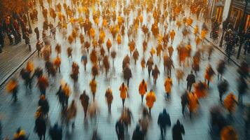 Overhead shot of a busy city street filled with a blurred crowd of walking people. photo