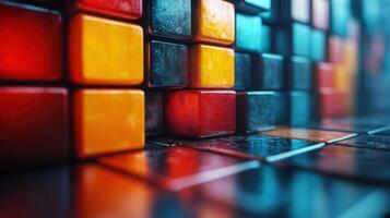 Eye-level shot showcases a vibrant geometric composition of colorful square blocks in a pattern. photo