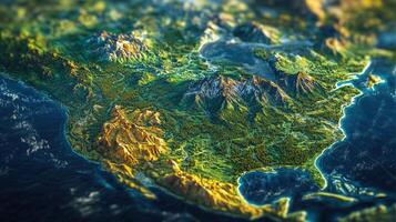 A stunning 3d rendering of a topographic map of North America, featuring mountains and landscapes. photo