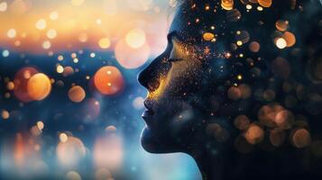 A side profile of a woman with a bokeh background, creating a dreamy and artistic expression. photo