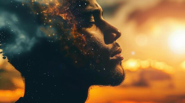A contemplative man gazes towards a radiant sunset with a surreal, cosmic element. photo
