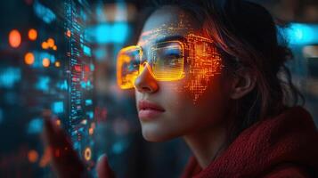 A woman interacts with futuristic data through augmented reality glasses with a light glow. photo