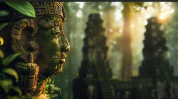 The moss-covered stone head stands in the jungle, in front of a temple, and the sun. photo