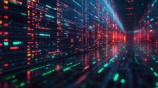 un sorprendentes digital representación demostración brillante datos corrientes de viaje mediante un complejo red. foto