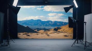 A professional photography studio setup featuring a beautiful desert landscape backdrop with lighting. photo