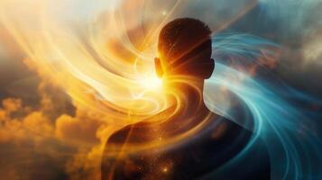 A person silhouette is set against a background of swirling golden and blue celestial energy. photo