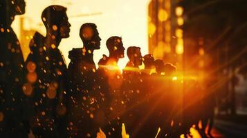 Silhouette of people against a warm sunset, creating a beautiful, golden light effect. photo