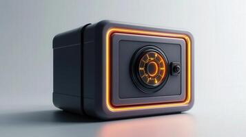 A futuristic-looking safe with glowing orange accents on a gray background, symbolizing security. photo