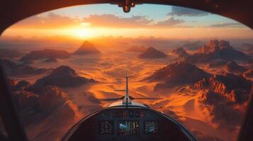 Spectacular view from a plane cockpit, revealing a vast desert terrain at sunset, dramatic and beautiful. photo