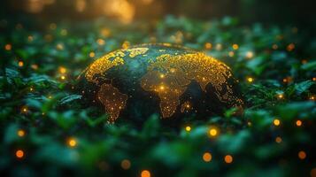 A digital globe glows amidst vibrant green foliage, representing global connections. photo