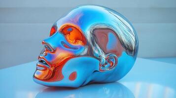 A striking, chrome-like head sculpture reflecting vibrant colors in a minimalist setting. photo