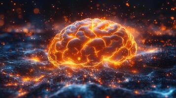 A luminous brain emanates energy within a vast, starry expanse, hinting at powerful intellect. photo