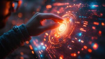 A hand gently touches a futuristic digital interface, creating a vibrant glow of data and innovation. photo