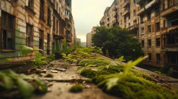 Close-up view of moss and small plants thriving on a concrete surface with a city backdrop. photo