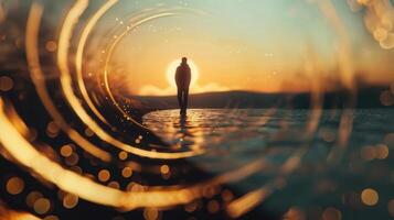 A man walking towards the sunset with beautiful golden bokeh and water reflections. photo