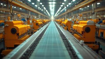 A long industrial conveyor belt system with yellow machines in a well-lit factory. photo