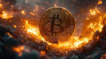 A striking image of a glowing bitcoin coin emerging from a fiery, erupting blaze. photo