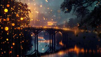 The bridge over the lake glows warmly at night, creating a stunning, romantic view. photo