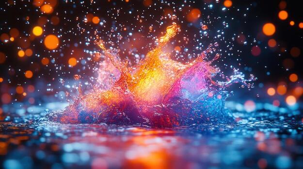 An extraordinary splash of water explodes in a dazzling display of vibrant colors and light. photo