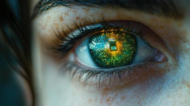 intrincado circuito tablero reflexión dentro un humano ojo, reticente a avanzado tecnología. foto
