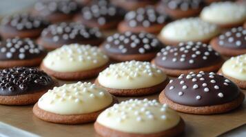 Close-up shot of assorted delicious cookies with chocolate and vanilla frosting, and sprinkles. photo