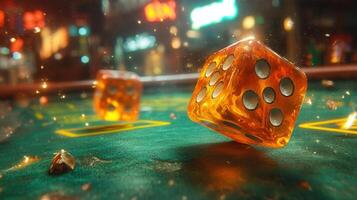 A dynamic image showcases orange dice in mid-roll, creating a vibrant casino atmosphere. photo
