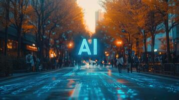 urban street scene features the glowing letters ai in a tech-focused environment photo