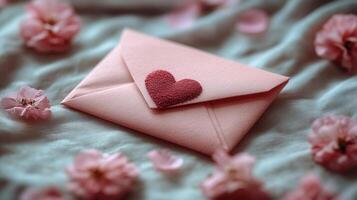 A pink envelope with a heart sticker, surrounded by beautiful, soft pink flowers and petals. photo