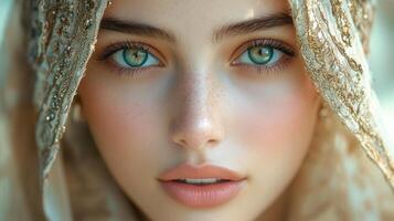 A captivating portrait showcases a woman with striking green eyes and a beautiful veil. photo