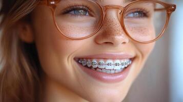 Smiling woman with braces and glasses showcases her bright, healthy smile and a positive attitude. photo