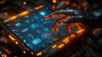A robotic hand uses a futuristic tablet, displaying digital data and interacting with a complex interface. photo