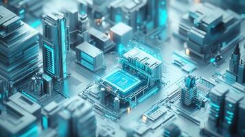 Abstract 3D render of a futuristic city constructed on a circuit board, glowing. photo