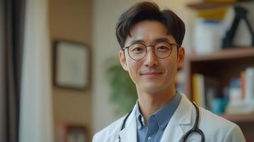 A smiling male doctor looks friendly in his office, ready to offer medical expertise and consultation. photo