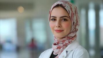 A lovely doctor with a headscarf smiling, confident, ready to help in a modern clinic. photo
