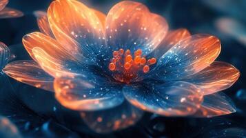 Captivating macro image of a glowing flower with stunning, contrasting blue and orange hues. photo