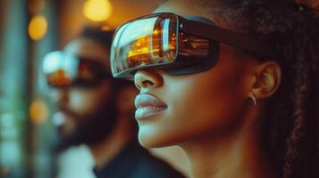 A woman in VR glasses explores a digital world, surrounded by glowing lights and a blurred background. photo