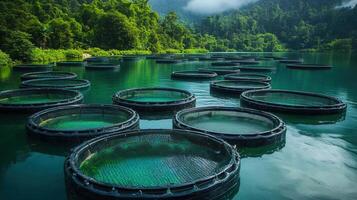 Serene fish farms sit peacefully in a calm lake, embraced by lush green forests and mountains. photo