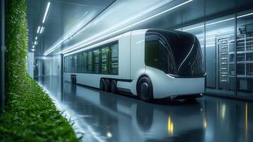 A sleek, futuristic vehicle travels down a corridor with a vibrant vertical garden and glowing lights. photo