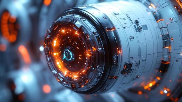 An intricate glowing machine component, showcasing futuristic technology and complex circuit details. photo