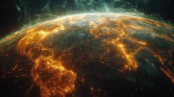 Glowing Earth at night shows global connectivity with lights illuminating the continents, showcasing data flow. photo