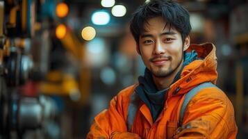 A handsome asian man smiles confidently while wearing workwear inside a industrial facility. photo