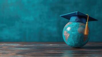 A graduation cap sits atop a globe, representing global education and academic success. photo