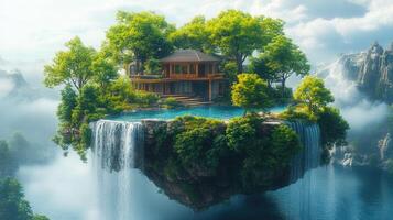 A tranquil scene with a floating house island, surrounded by waterfalls and serene blue waters. photo