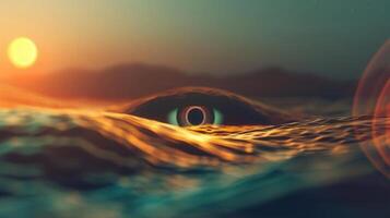 A surreal seascape with an eye emerging from the ocean under a vibrant sunset scene. photo