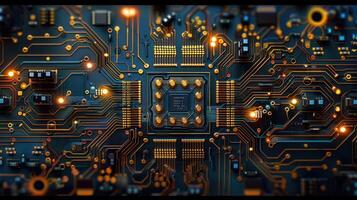 Intricate computer circuit board lit up showing electronic pathways and connections in detail. photo
