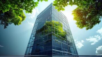 A stunning skyscraper with reflective glass walls framed by vibrant green trees and a bright blue sky. photo