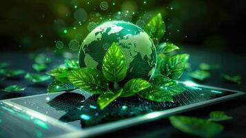 A digital earth surrounded by leaves sits on a tablet, showcasing nature and technology. photo