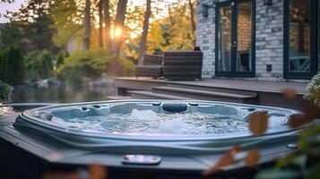 A relaxing jacuzzi bubbles on a deck, bathed in the warm glow of the evening sun, near a house. photo